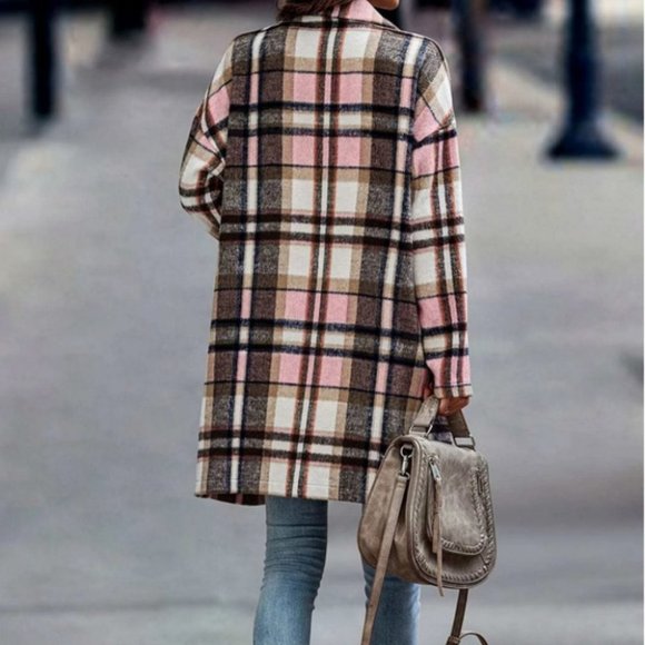 Casual Double Pocket Lapel Neck Plaid print Overcoat Jacket - Picture 3 of 6